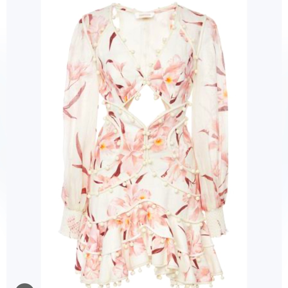 ZIMMERMANN POMPOM-EMBELLISHED CUTOUT FLORAL PRINT LINEN DRESS